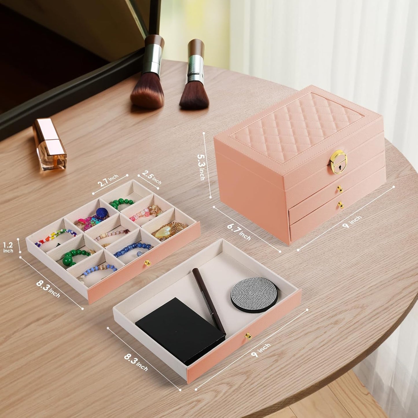 3 Layer Jewelry Box, Jewelry Holder with Lockable Drawer, Large Jewelry Boxes & Organizer with Velvet Earring