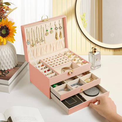 3 Layer Jewelry Box, Jewelry Holder with Lockable Drawer, Large Jewelry Boxes & Organizer with Velvet Earring